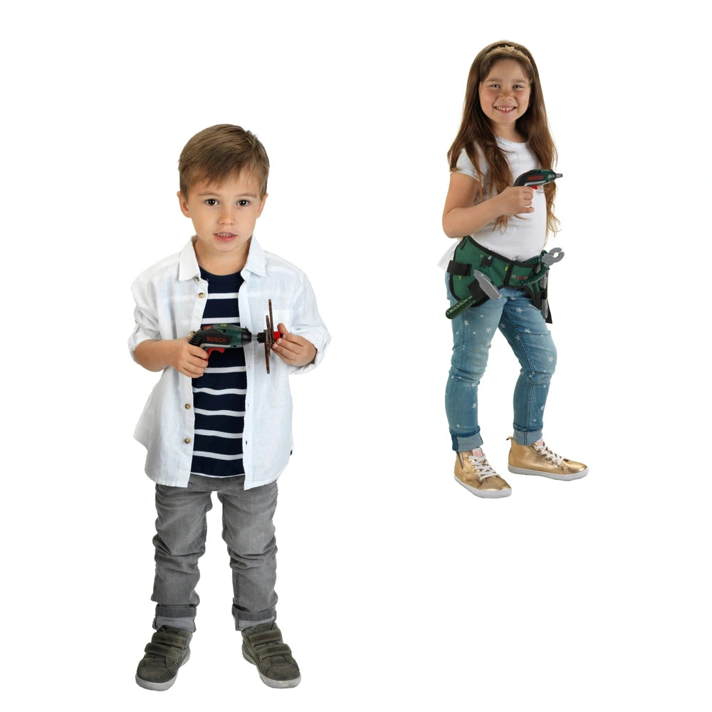 Theo Klein Bosch Ixolino II toy drill set with two children, one in a striped shirt and the other in blue jeans and gold shoe
