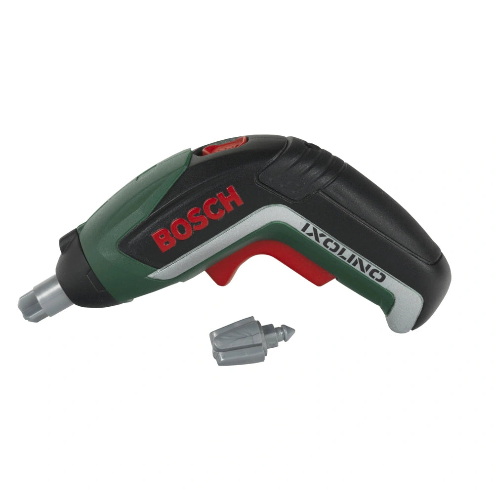 Bosch Ixolino II pretend power tool in black and green with battery pack, trigger switch, and nozzle attachment.