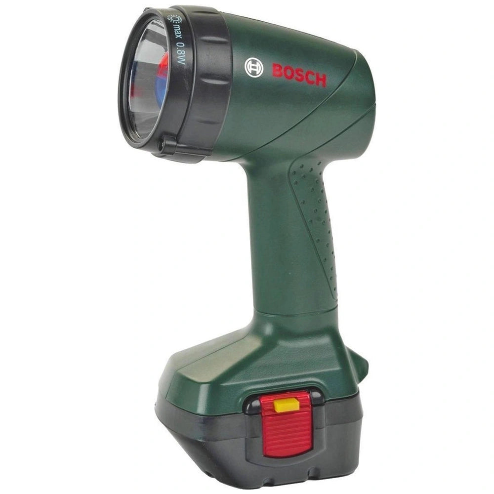 Theo Klein Bosch lamp in matte dark green plastic with black lens cap, red button, and circular pattern for pretend play.