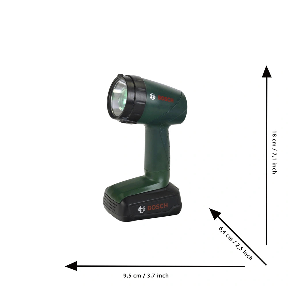 Theo Klein Bosch flashlight in green and black with a matte finish, clear lens, and black handle for pretend play.