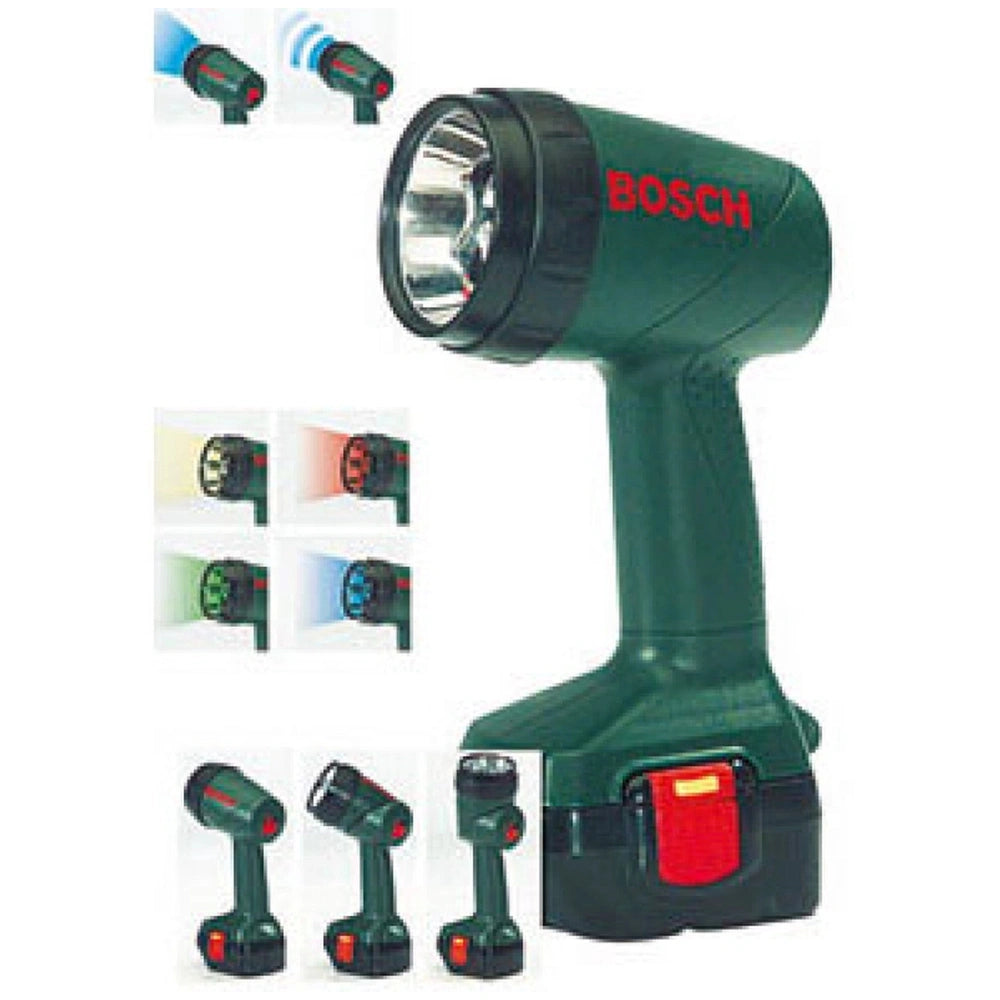 Theo Klein Bosch lamp in matte green plastic with three clear light bulbs and a red battery compartment label.