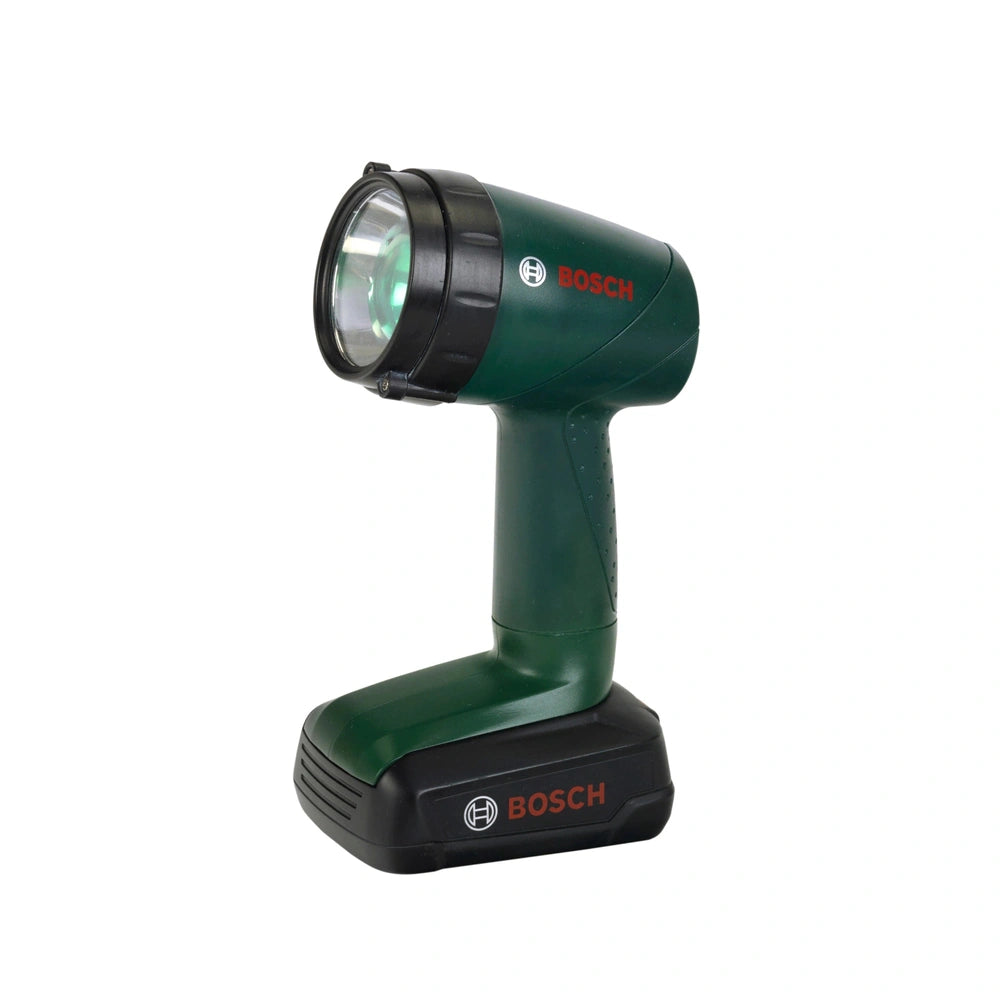 Green Bosch flashlight with a black handle, clear lens, and visible brand name for pretend professions and role playing.
