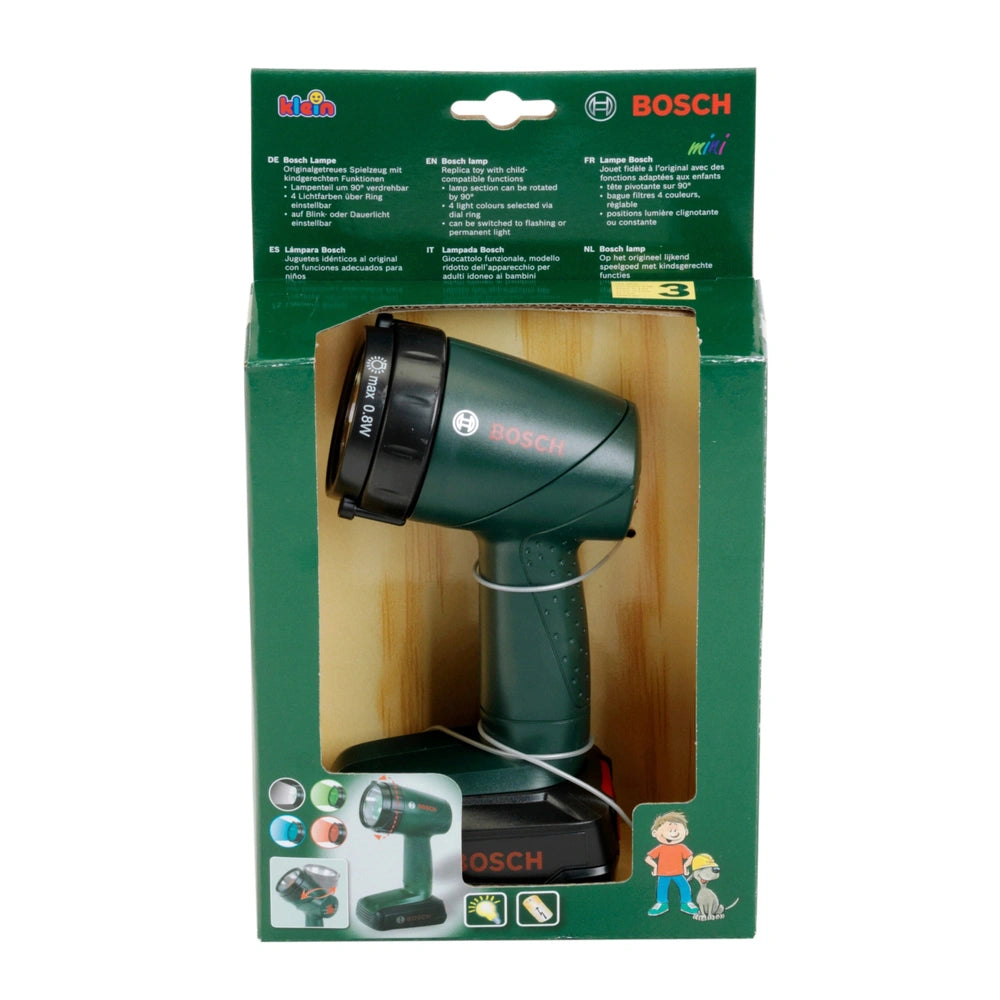 Theo Klein Bosch Lemania lamp in green cardboard packaging with plastic window, featuring product illustrations and child saf