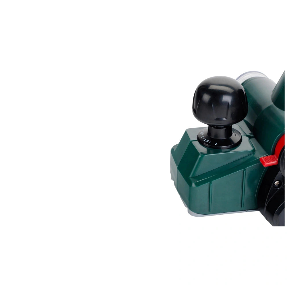 Theo Klein Bosch planer in green plastic with a black knob and button, designed for pretend professions and role playing.