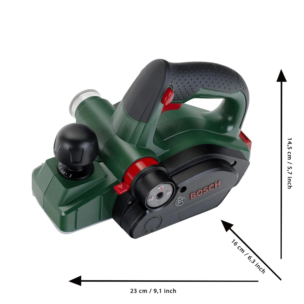 Theo Klein Bosch planer in green plastic with black handle, red trigger, and clear window, featuring "BOSS" branding and size