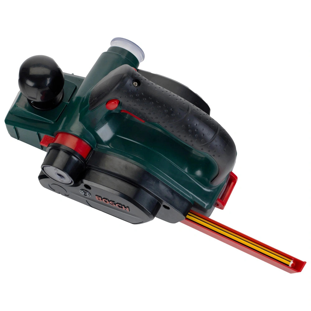 Theo Klein Bosch planer features a green body, black textured handle, red button, and a yellow and red stripe with "BOSS" lab
