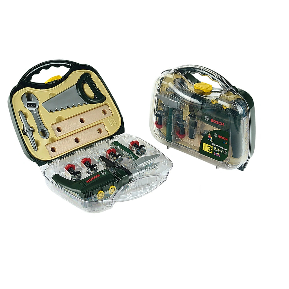 Theo Klein Bosch tool case featuring a clear window, black handle, yellow screwdriver, metal screws, and plastic bits.