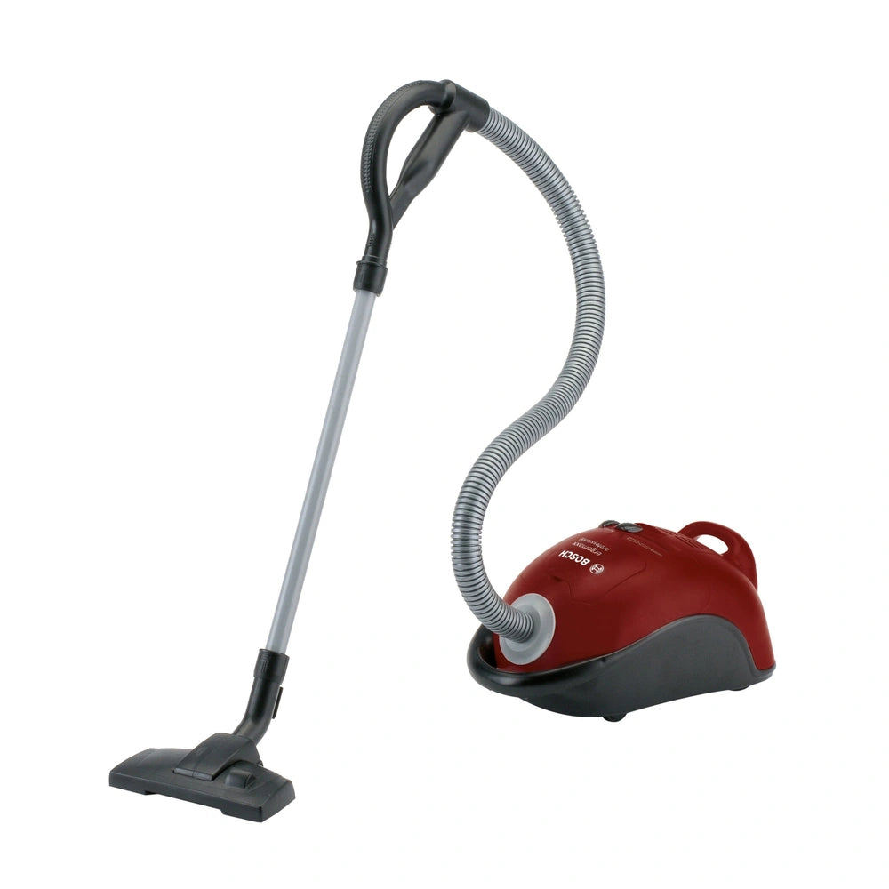 Red Bosch vacuum cleaner made of plastic with metal handle, rubber grip, and multiple rubber attachments for role-playing.