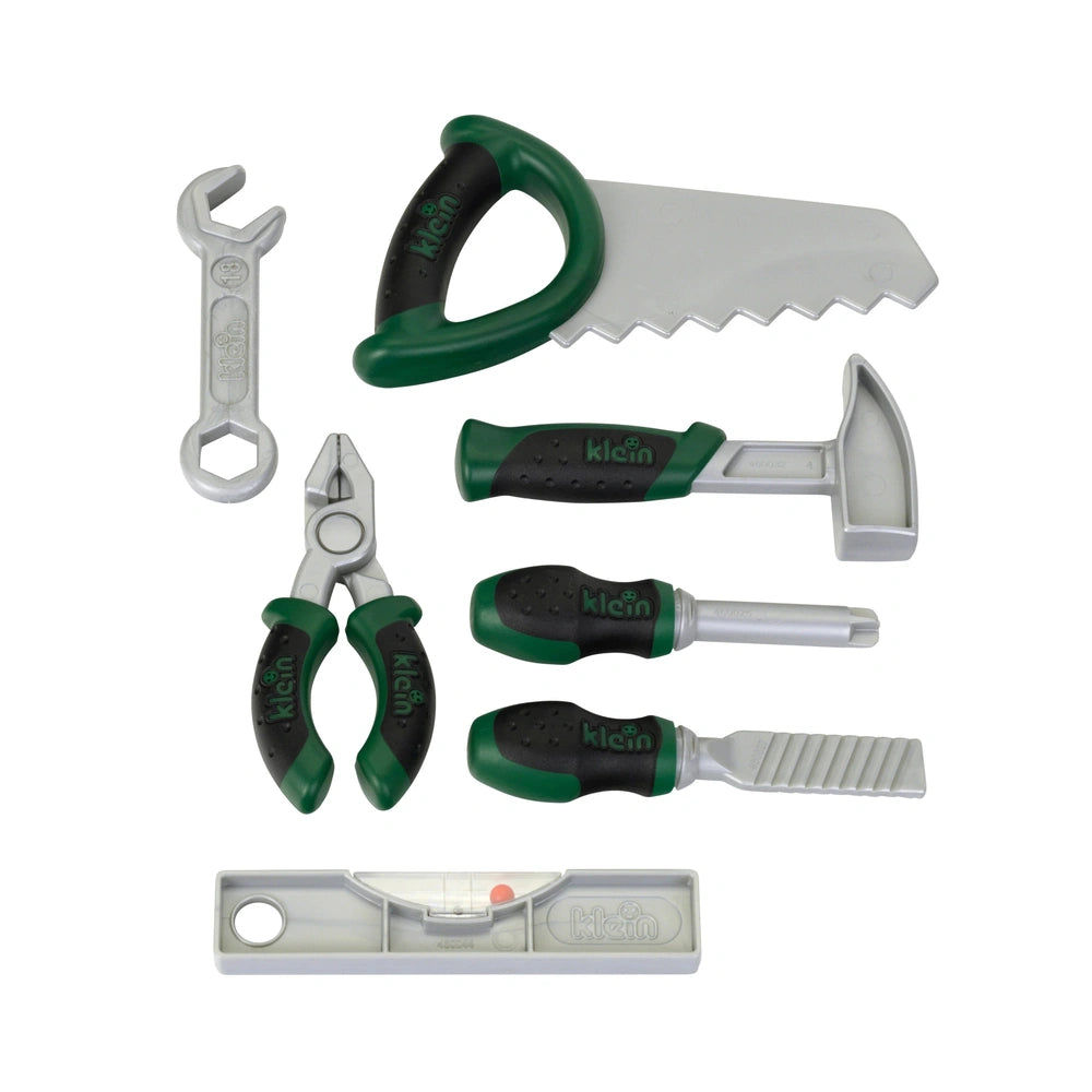 Theo Klein Bosch work box featuring green and black handles, silver metal tools, including pliers, scissors, and screwdriver.