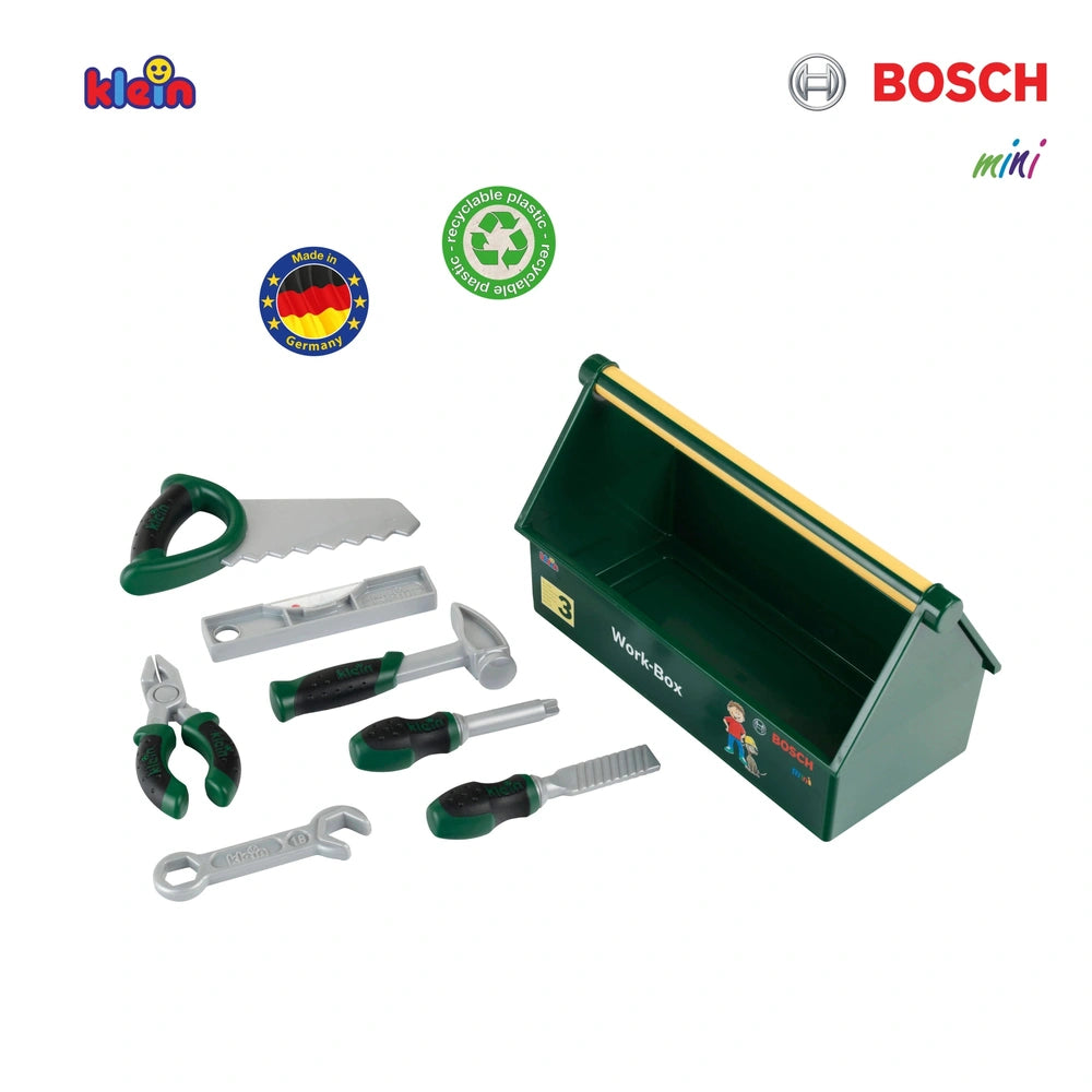 Theo Klein Bosch Work Box features a green plastic case with various silver metal and plastic tools for pretend play.