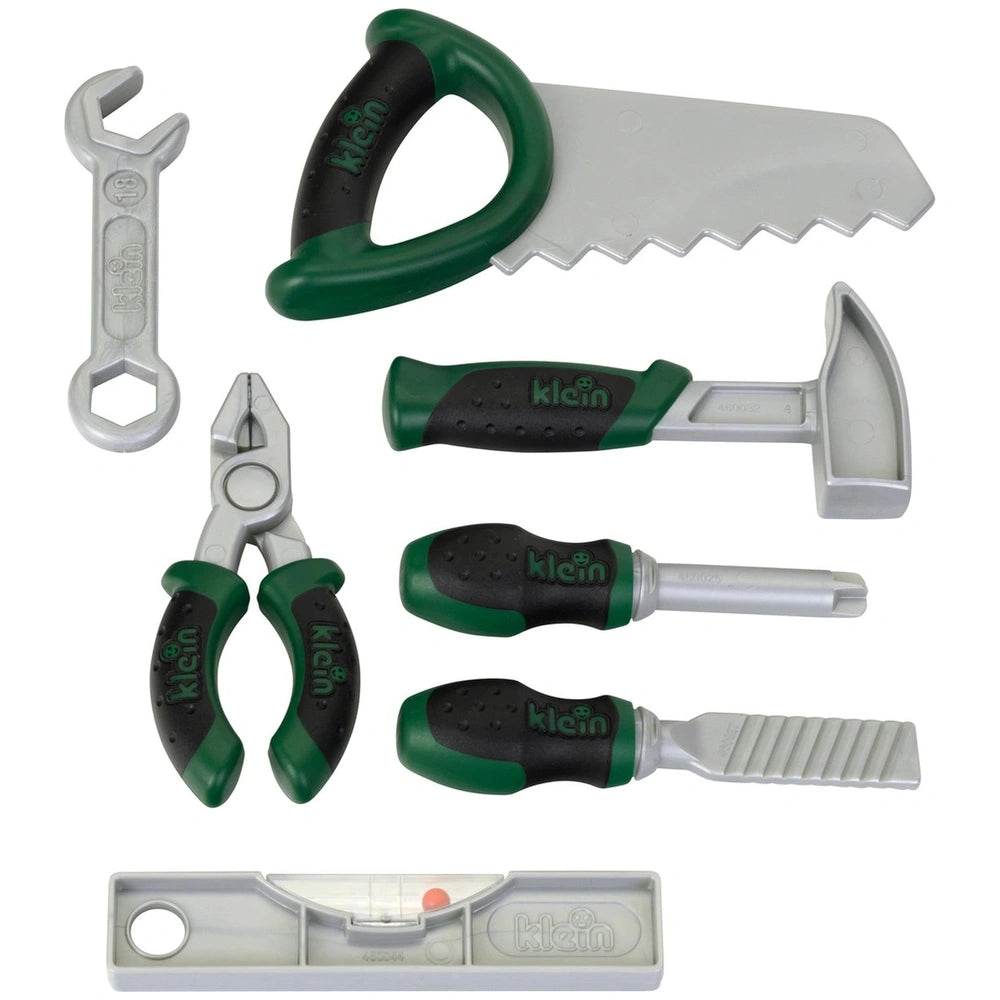 Theo Klein Bosch work box featuring green and black handled pliers, scissors, and knife with silver metal accents.