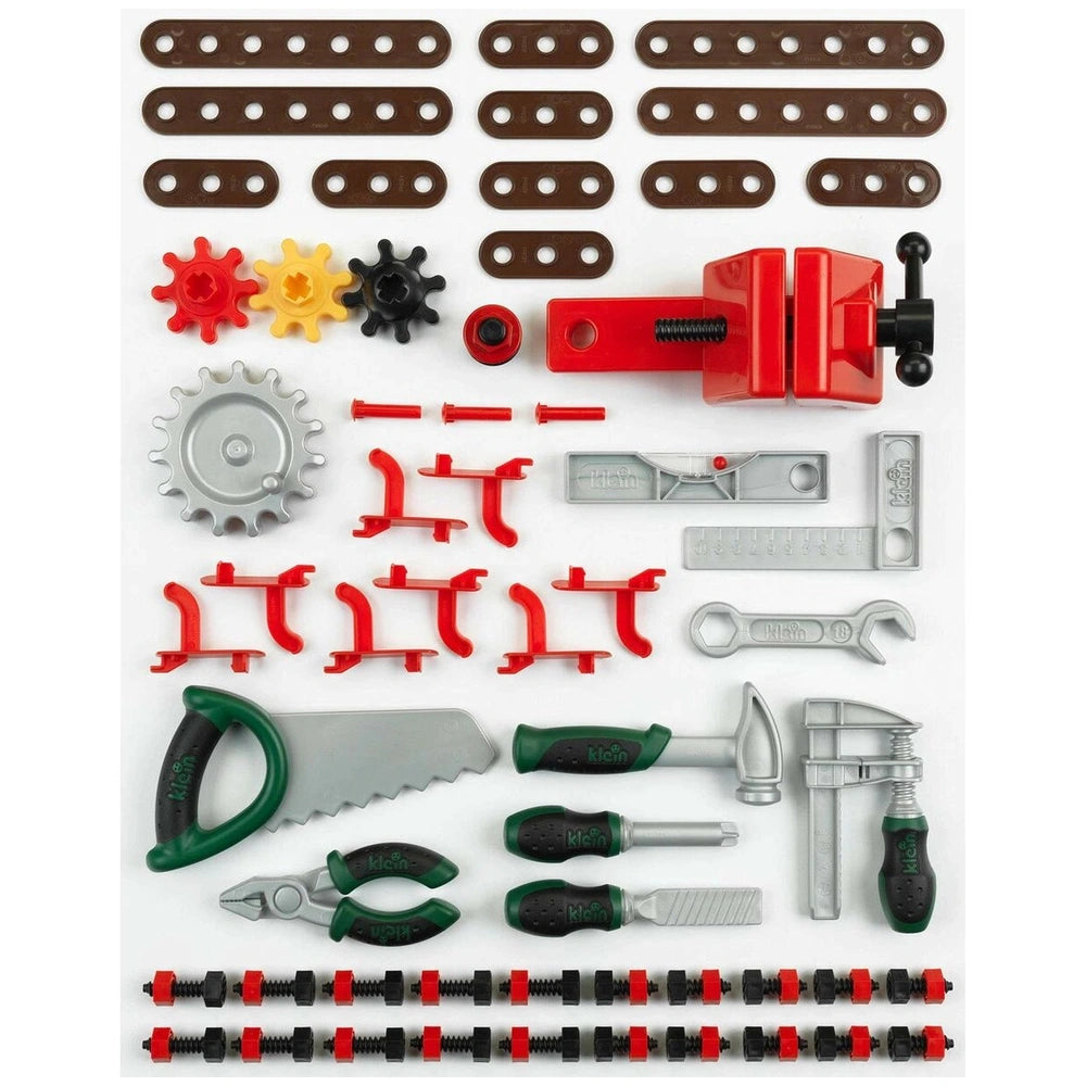 Theo Klein Bosch Workbench with 77 pieces including colorful screws, washers, and various tools in durable plastic and metal.