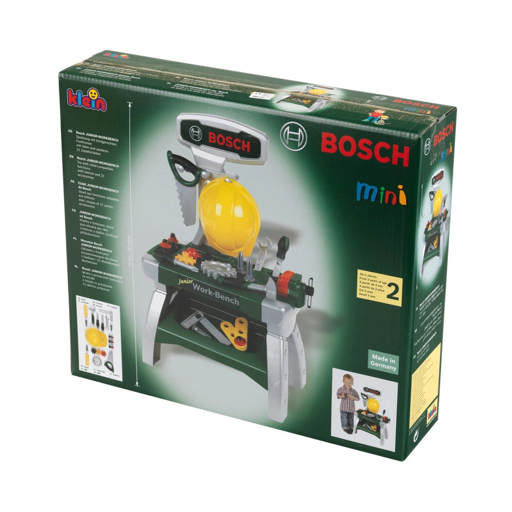 Theo Klein Bosch Workbench Junior packaging with yellow tool, black handle, and silver components on a green background.