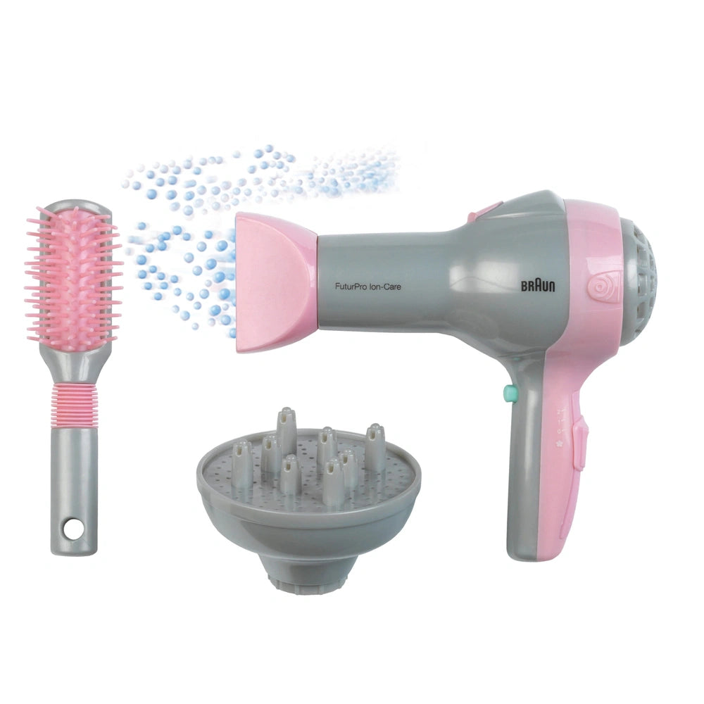 Theo Klein Braun hairdryer with diffuser, pink bristle hairbrush, and silver handle, designed for pretend play and role-playi