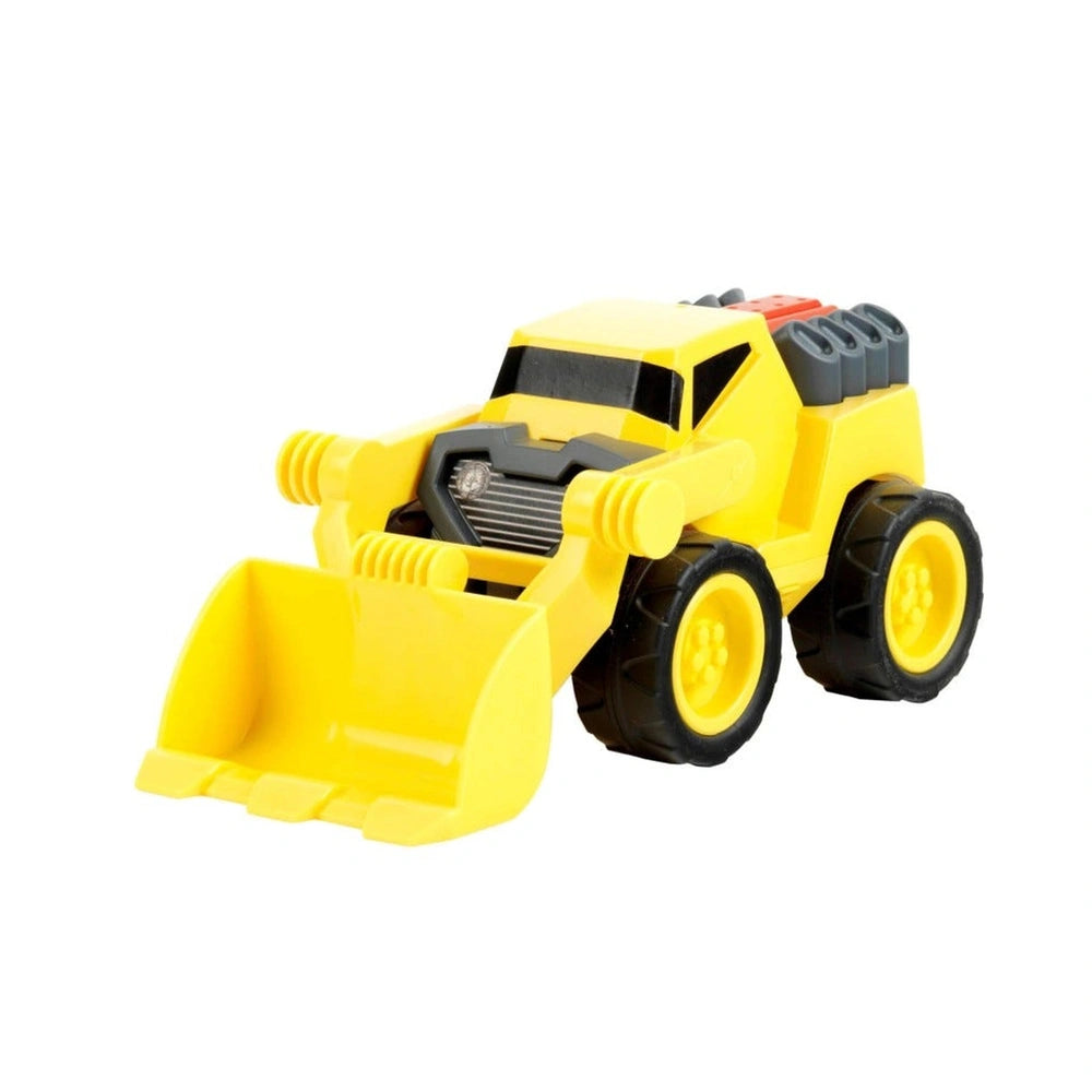 Theo Klein Bulldozer 1:24 in shiny yellow plastic with multiple shovel and scoop attachments prominently displayed.
