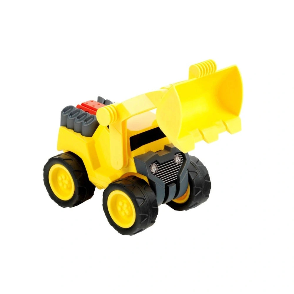 Theo Klein Bulldozer 1:24 in glossy yellow plastic with black wheels, featuring shovel, scoop, and bucket attachments.