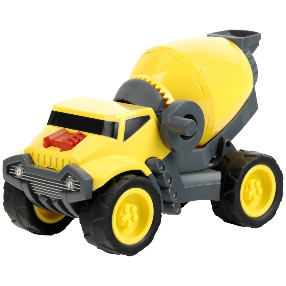 Theo Klein concrete truck toy in yellow with black wheels, gray bumper, and yellow-framed windows, showcasing construction ve