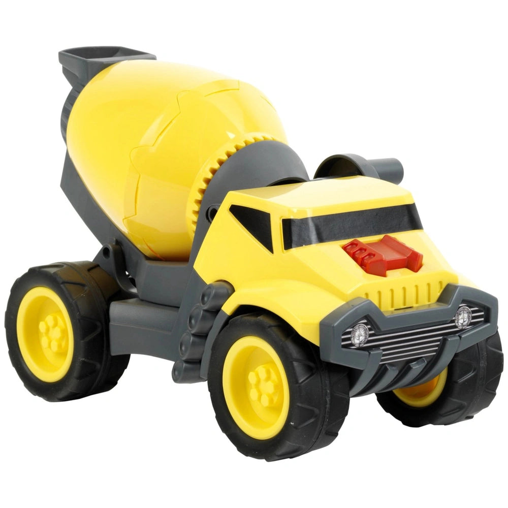 Theo Klein Concrete Truck 1:24 in yellow plastic with gray components, black wheels, and red front bumper, front view.
