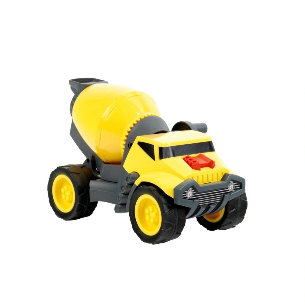 Theo Klein Concrete Truck 1:24 in yellow plastic with black wheels, bumpers, and details, featuring a red light and black acc
