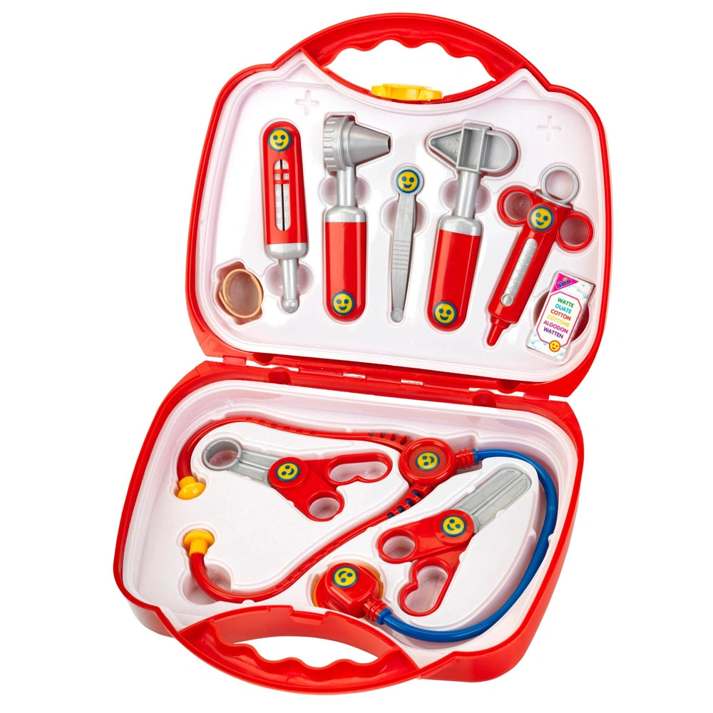 Theo Klein Doctor Case with red plastic casing and blue-handled tools like scissors, tweezers, and pliers for role playing.