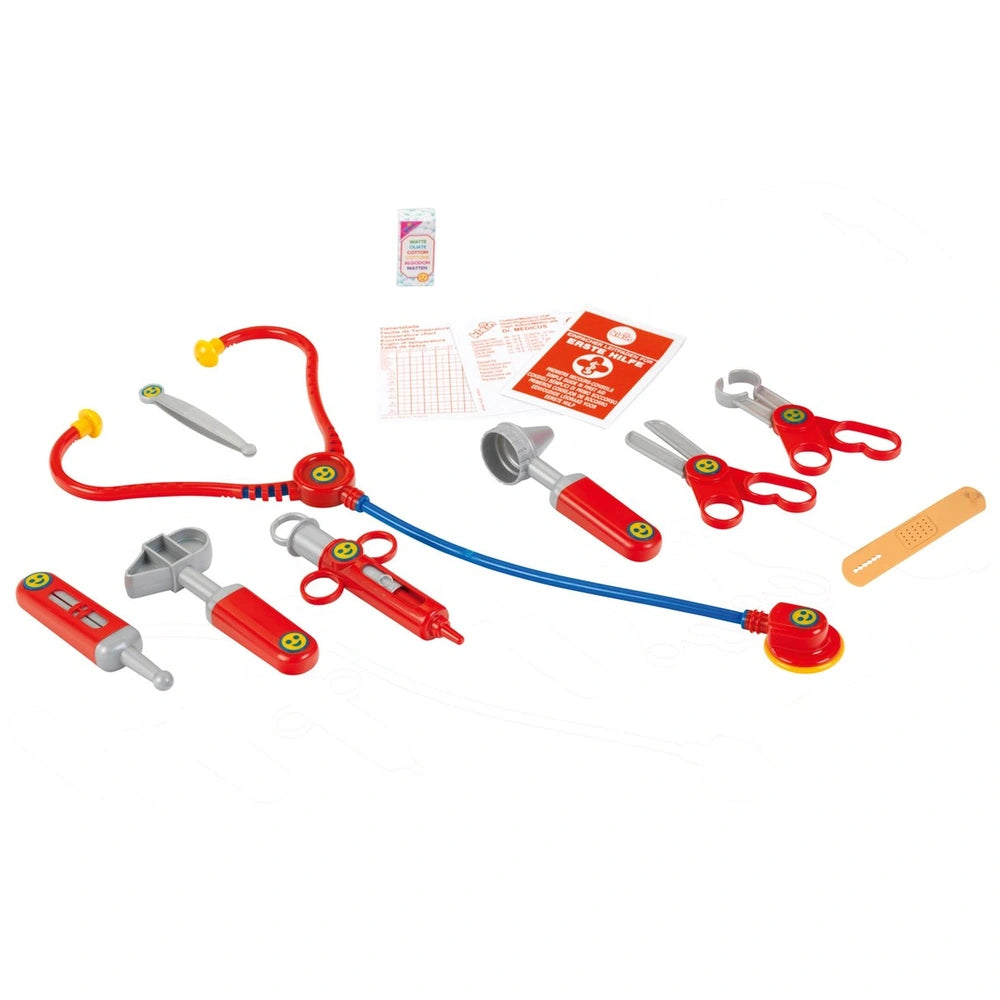 Theo Klein Doctor Case with two pairs of red-handled scissors, a stethoscope, blood pressure cuff, thermometer, and otoscope.