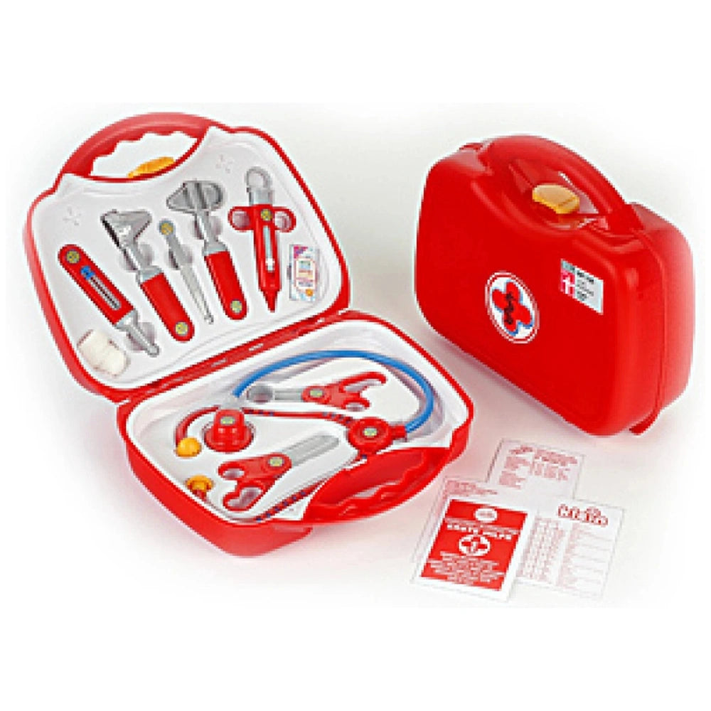 Theo Klein Doctor Case featuring a red plastic design with a white lid, clear window, and red handle for pretend play.