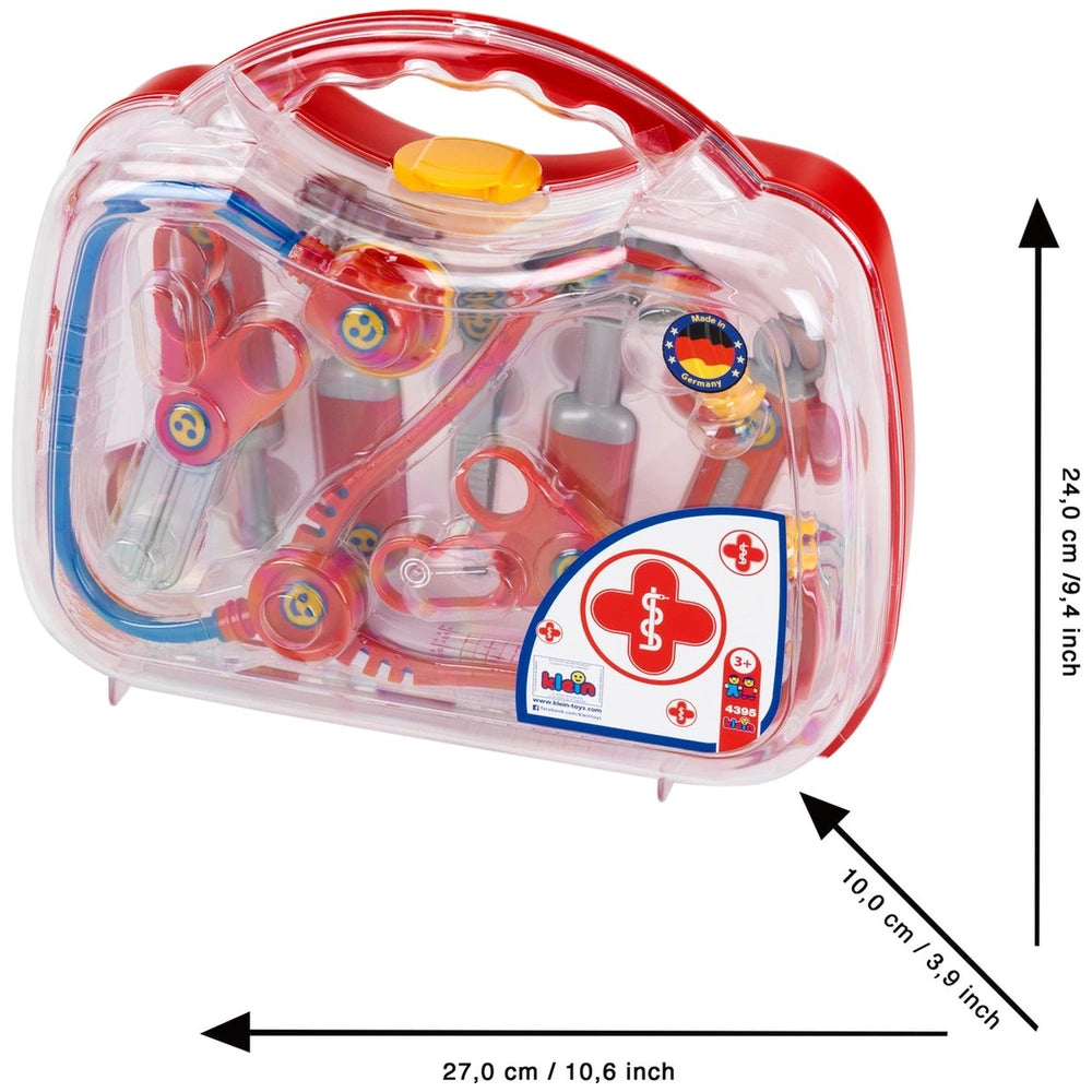 Theo Klein Doctor Case features a transparent plastic design with various plastic medical tools for pretend play.