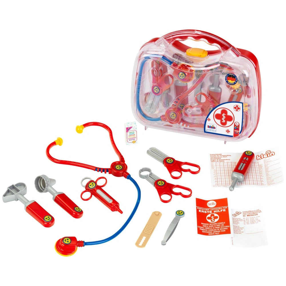 Theo Klein Doctor Case with transparent plastic casing includes stethoscope, reflex hammer, otoscope, thermometer, and scisso