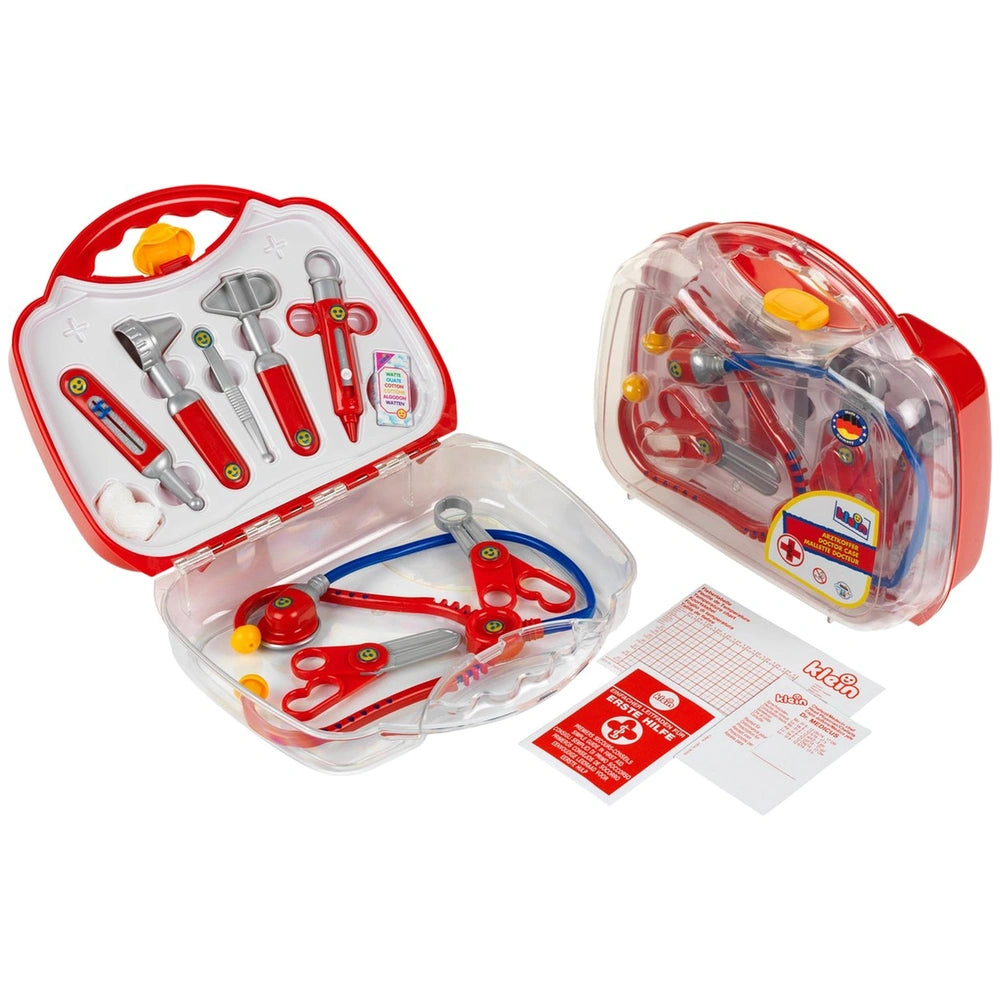 Theo Klein Doctor Case features a transparent plastic case containing various medical tools for pretend play.
