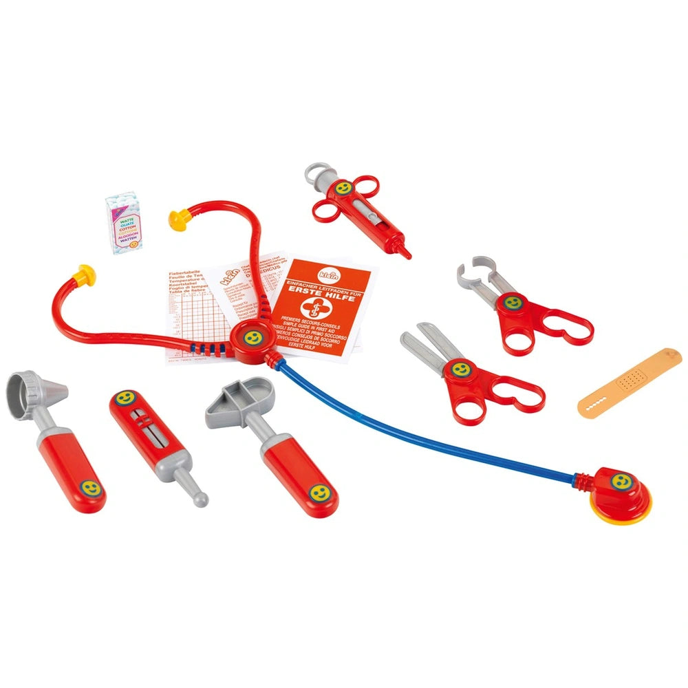 Theo Klein Doctor Case features a red stethoscope with yellow earpieces and blue tubing, packaged with instructional paper.