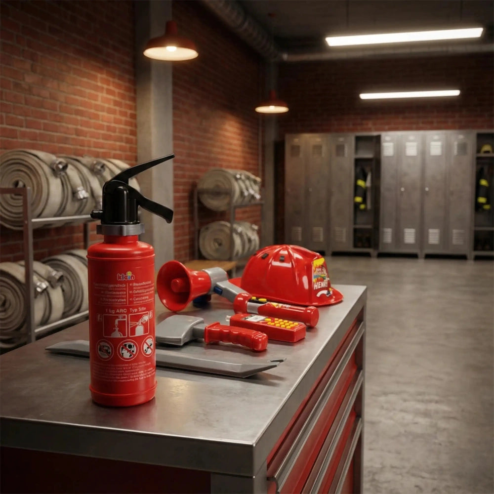 Theo Klein firefighter set with red hydrant, hose, extinguisher on metal countertop against a red brick wall and silver locke