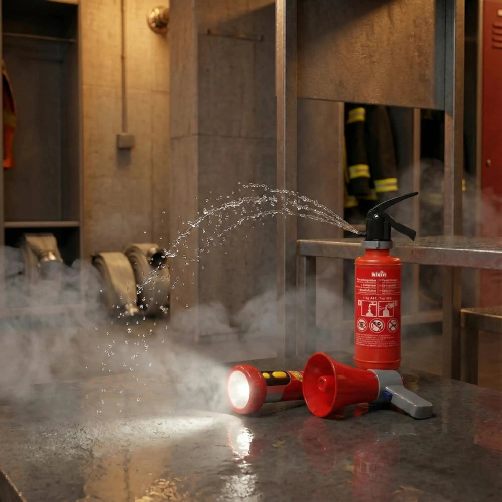 Theo Klein Firefighter Set features a red and black nozzle spraying clear water droplets in an industrial backdrop.