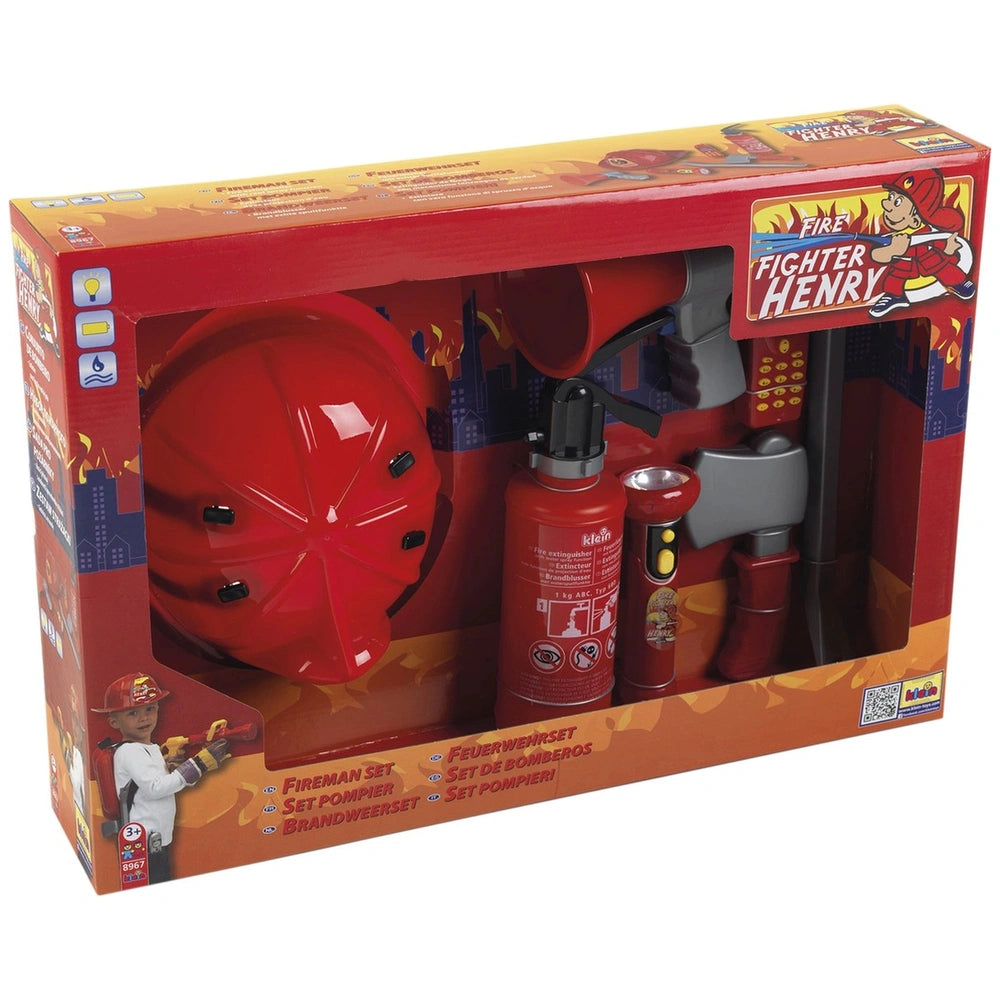 Theo Klein firefighter set with red fire truck, hydrant, hose, and extinguisher on glossy red cardboard packaging.