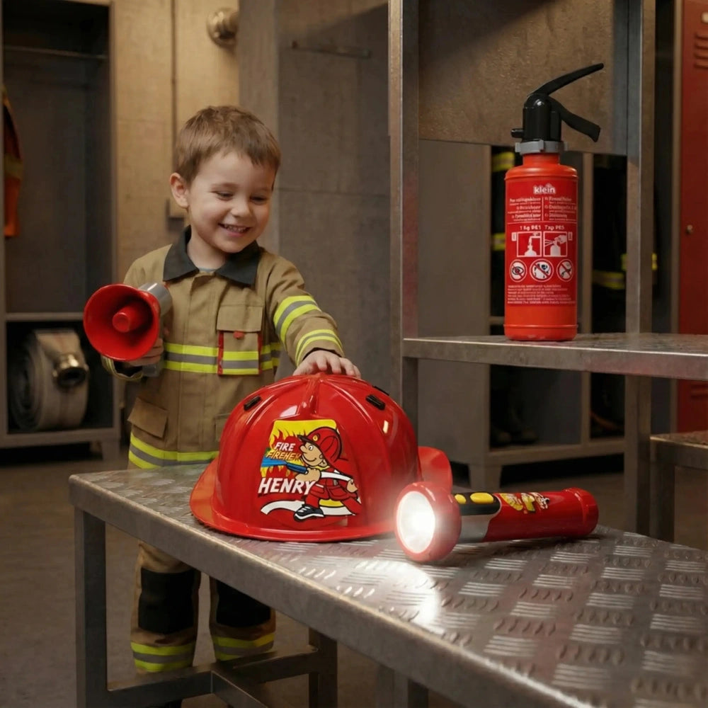 a textured metallic tabletop with a smiling child wearing a glossy yellow and red firefighter helmet labeled "Henry" beside a