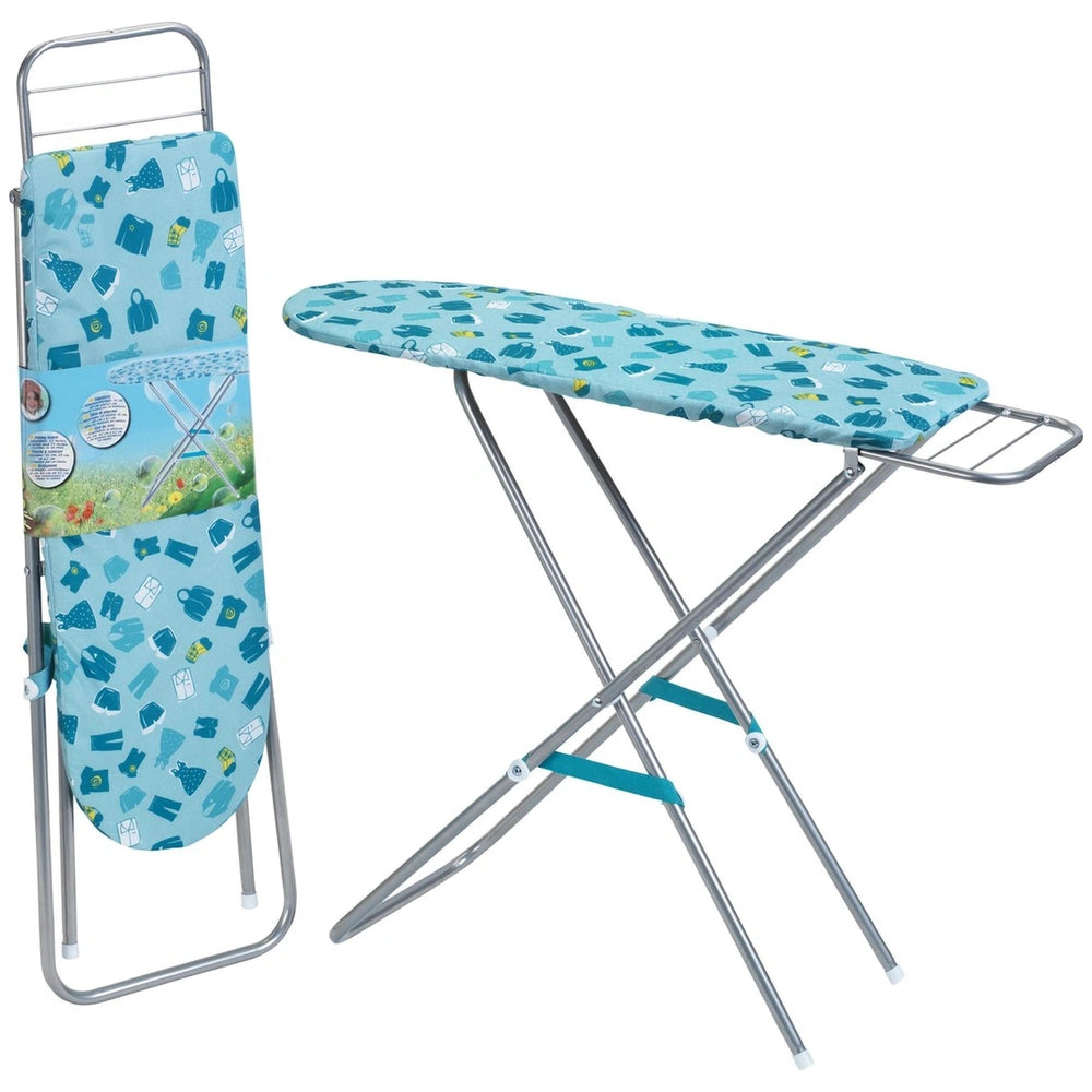 Theo Klein ironing board with a blue fabric cover featuring colorful patterns and a metallic frame and stand.