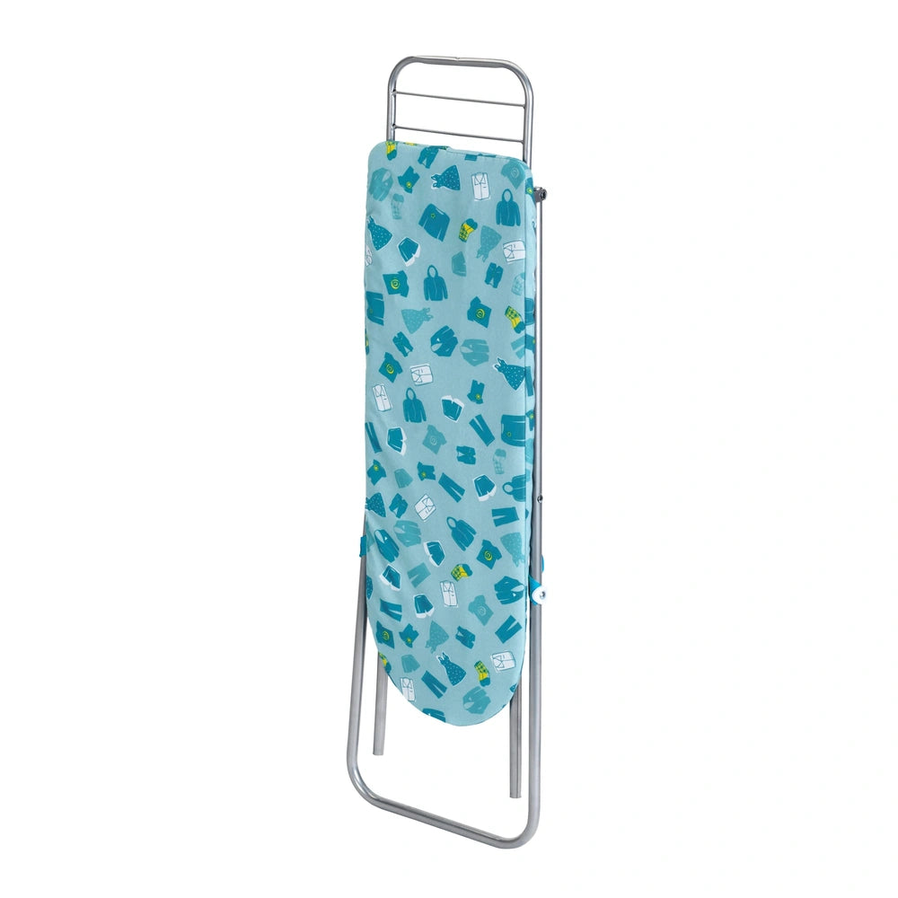 Theo Klein metal ironing board features a blue and green patterned fabric surface, silver frame, handle, pocket, and zipper.