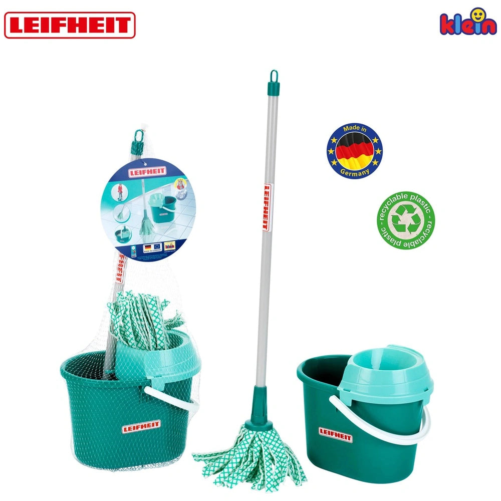 Theo Klein Leifheit Mop Set with green bucket and mop featuring white handle and fringed mop head for pretend play.