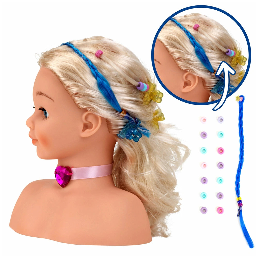 Theo Klein Little Sophia make-up and hairstyling head with blonde hair, blue hair ties, and a pink collar.