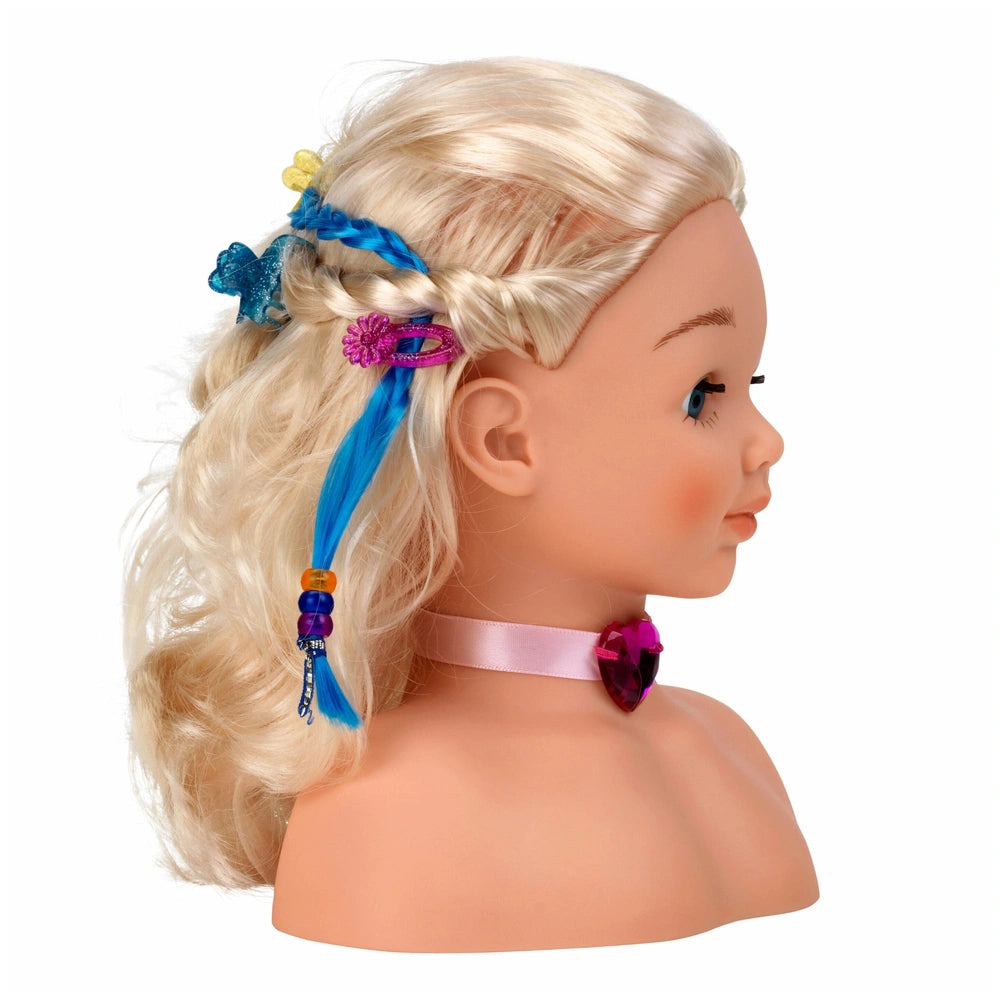 Theo Klein Little Sophia make-up and hairstyling head with blonde hair, blue ribbon, and blue eyes for dolls playsets.