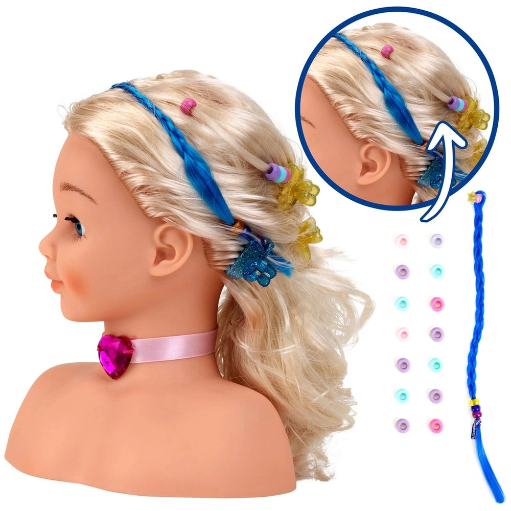 Theo Klein Little Sophia make-up head with blonde hair, blue accessory, colorful beads, and pink heart clip.