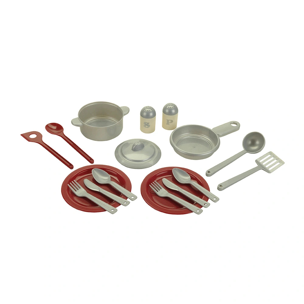 Theo Klein Miele kitchen set with red plastic plates and various silver metal utensils for pretend play and role-playing acti