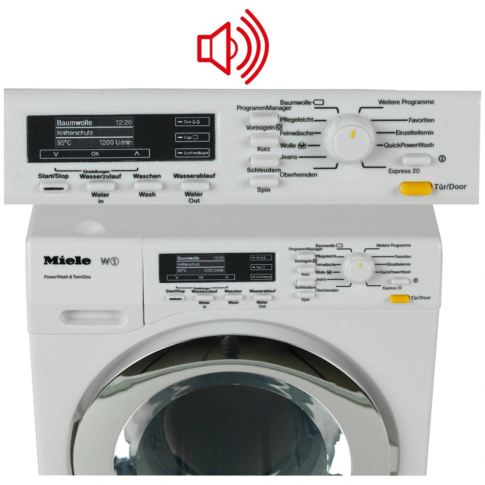 Theo Klein Miele washing machine in white with glossy finish, featuring a black control panel and grid-patterned buttons.