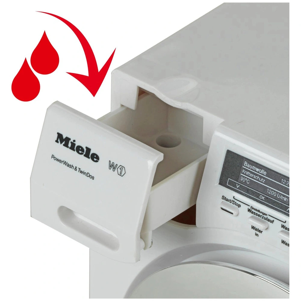 Theo Klein Miele washing machine toy in light color with labeled components, red liquid, and symbols for power and water.