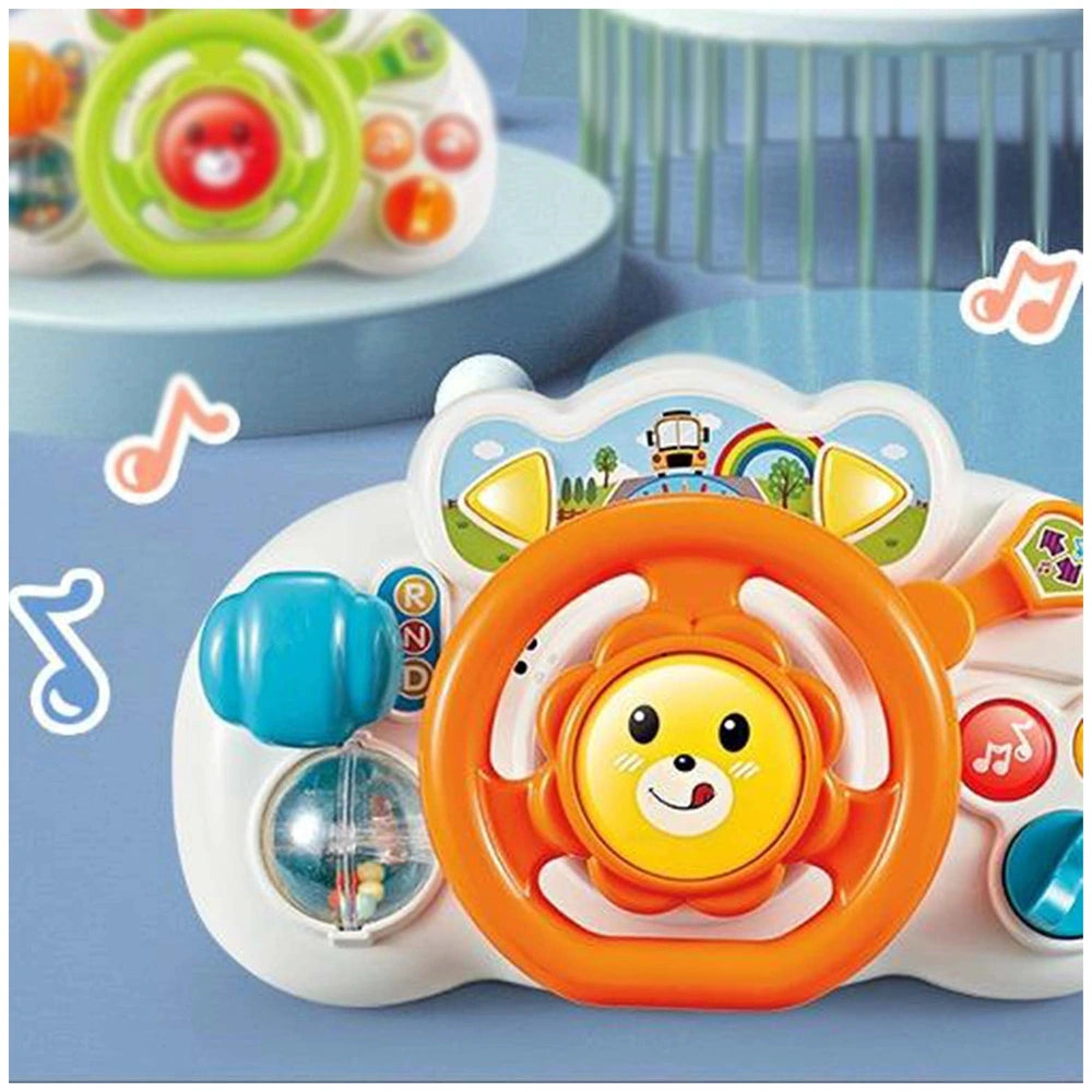 Broom Broom Interactive Driving Wheel is a colorful children's toy with buttons, featuring a smiling face at its center.