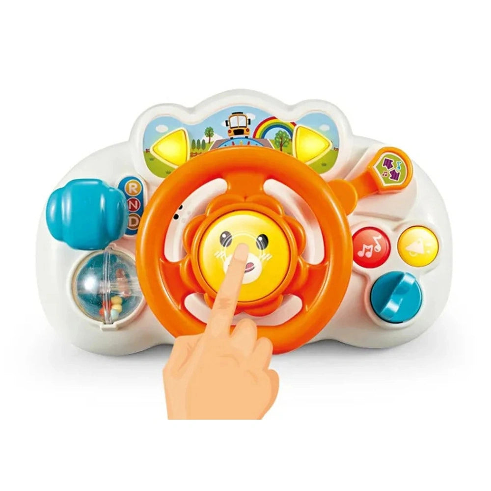 Broom Broom interactive driving wheel in orange and yellow features buttons and a gear shift for baby activity play.