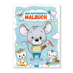 TROTSCH coloring book features a cheerful mouse in a striped shirt against a vibrant blue sky with clouds and stars.