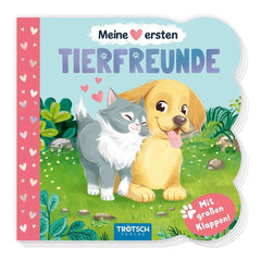 TROTSCH Klappenbuch cover features a gray cat and yellow dog in a grassy area, with colorful text and whimsical background.