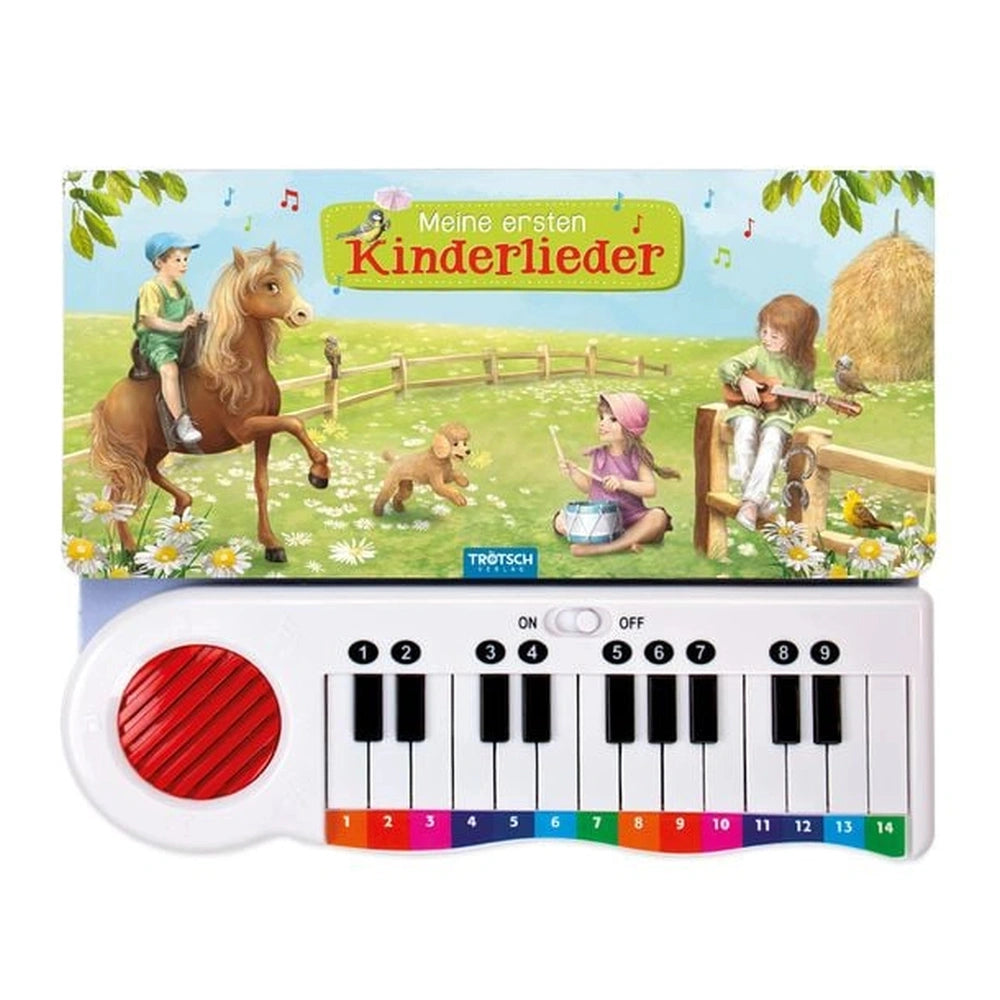 Colorful children's musical keyboard featuring cartoon characters and the text "Meine ersten Kinderlieder" with black and whi