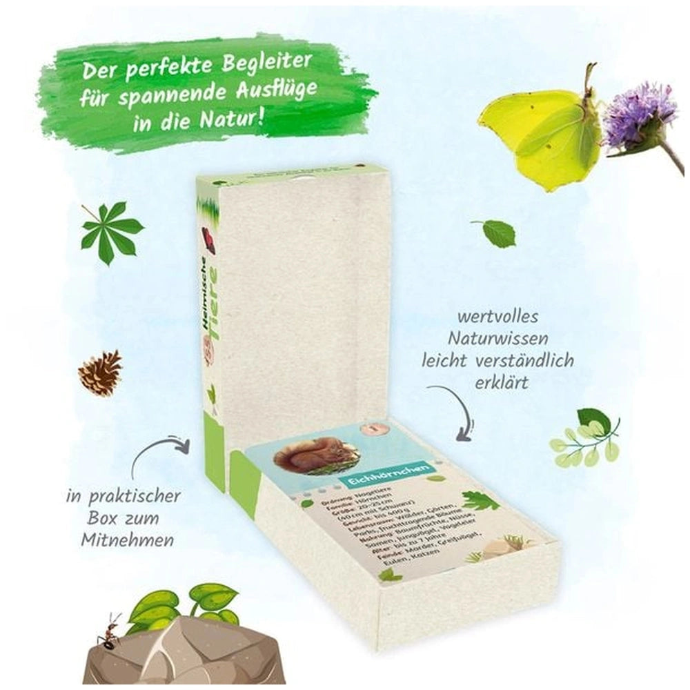 TROTSCH Learning Cards Native Animals Books in a white box with a green flap, showcasing a German label and nature symbols.