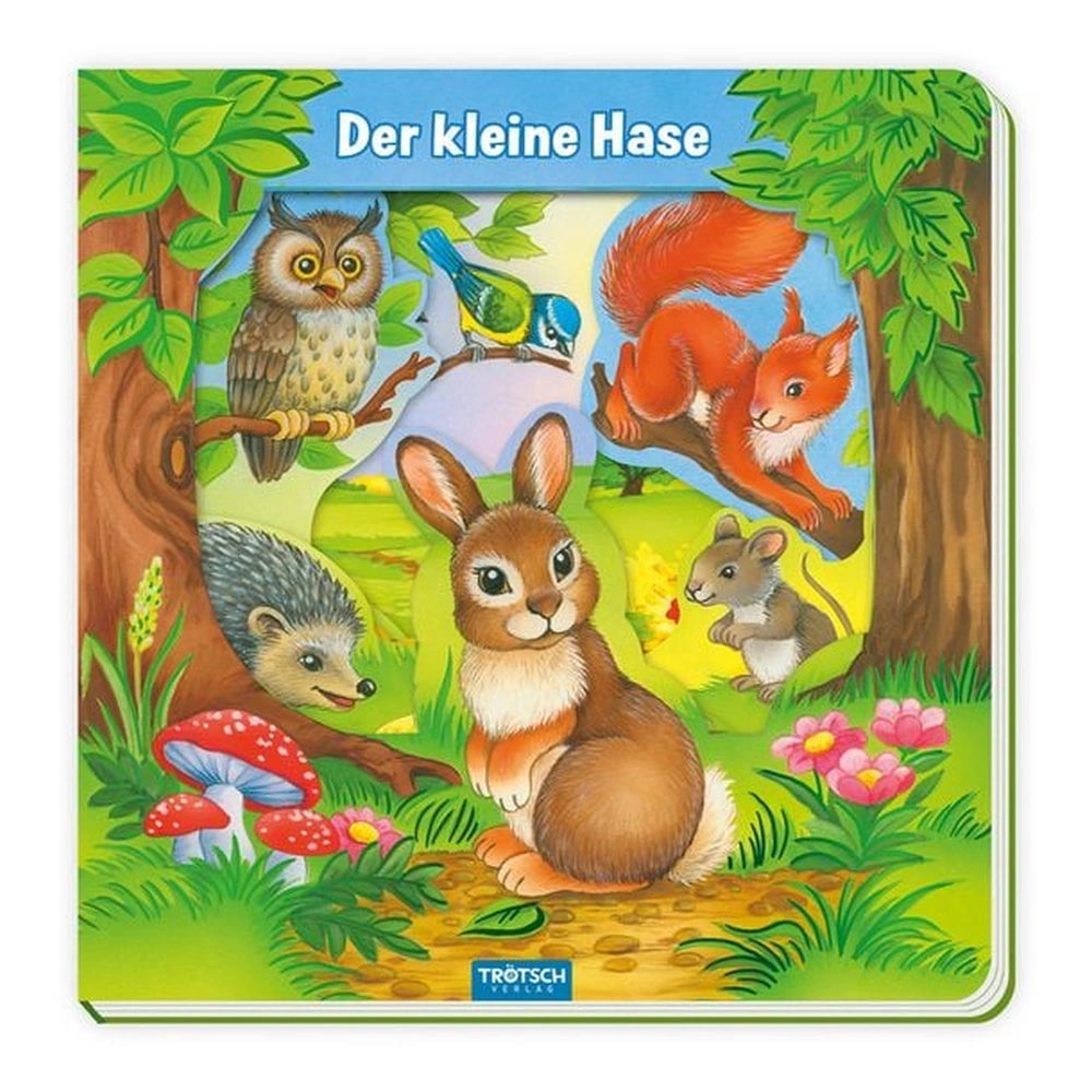 TROTSCH Little Rabbit Window Book cover features a vibrant forest scene with a rabbit, hedgehog, squirrel, and a blue bird.